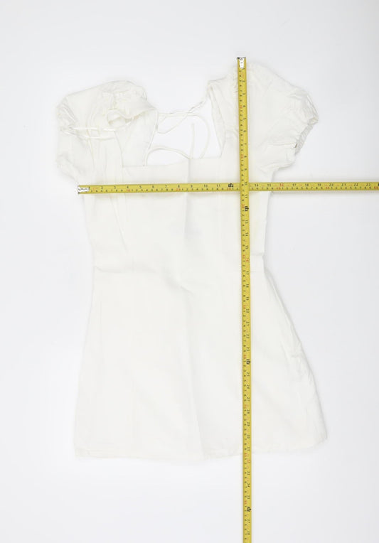 Zara Women White A-Line Short Dress Size 12 Puff Sleeve Lace Up