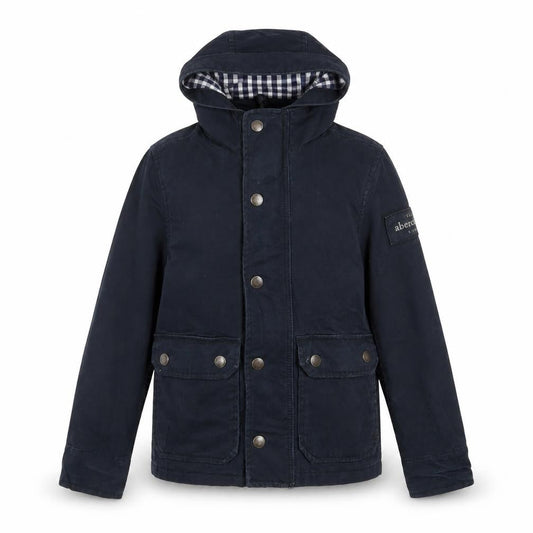 Front view of Abercrombie & Fitch boys’ blue hooded parka jacket coat, size 7-8, years