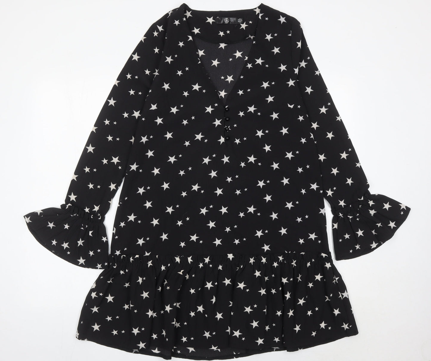 Missguided Women's Black Star Print Shift Dress Size 8 Long Sleeve V-Neck