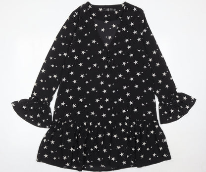 Missguided Women's Black Star Print Shift Dress Size 8 Long Sleeve V-Neck