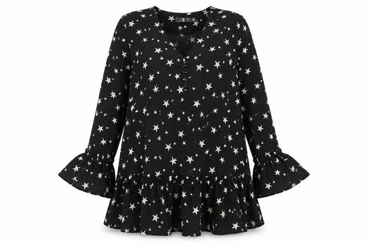Front view of Missguided Women's Black Star Print Shift Dress, size 8, Long Sleeve V-Neck