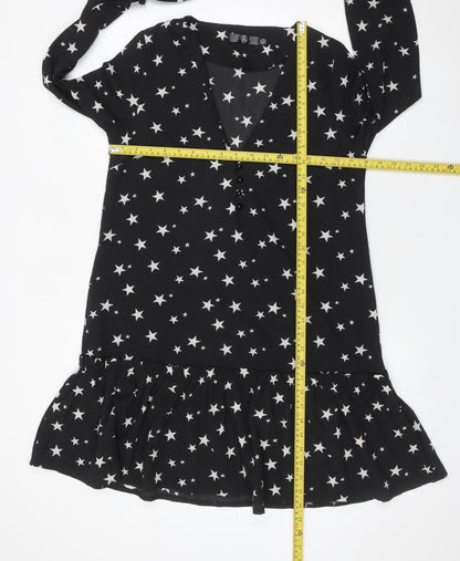 Missguided Women's Black Star Print Shift Dress Size 8 Long Sleeve V-Neck