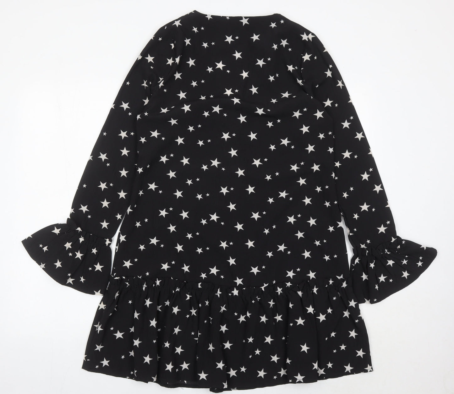Missguided Women's Black Star Print Shift Dress Size 8 Long Sleeve V-Neck