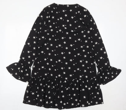Missguided Women's Black Star Print Shift Dress Size 8 Long Sleeve V-Neck