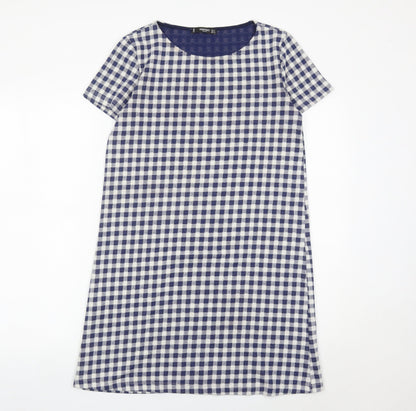 Mango Women Blue Check Shift Dress Size 8 Short Sleeve Knee Length