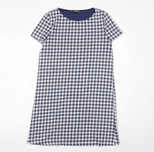 Mango Women Blue Check Shift Dress Size 8 Short Sleeve Knee Length