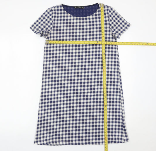 Mango Women Blue Check Shift Dress Size 8 Short Sleeve Knee Length