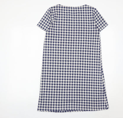 Mango Women Blue Check Shift Dress Size 8 Short Sleeve Knee Length