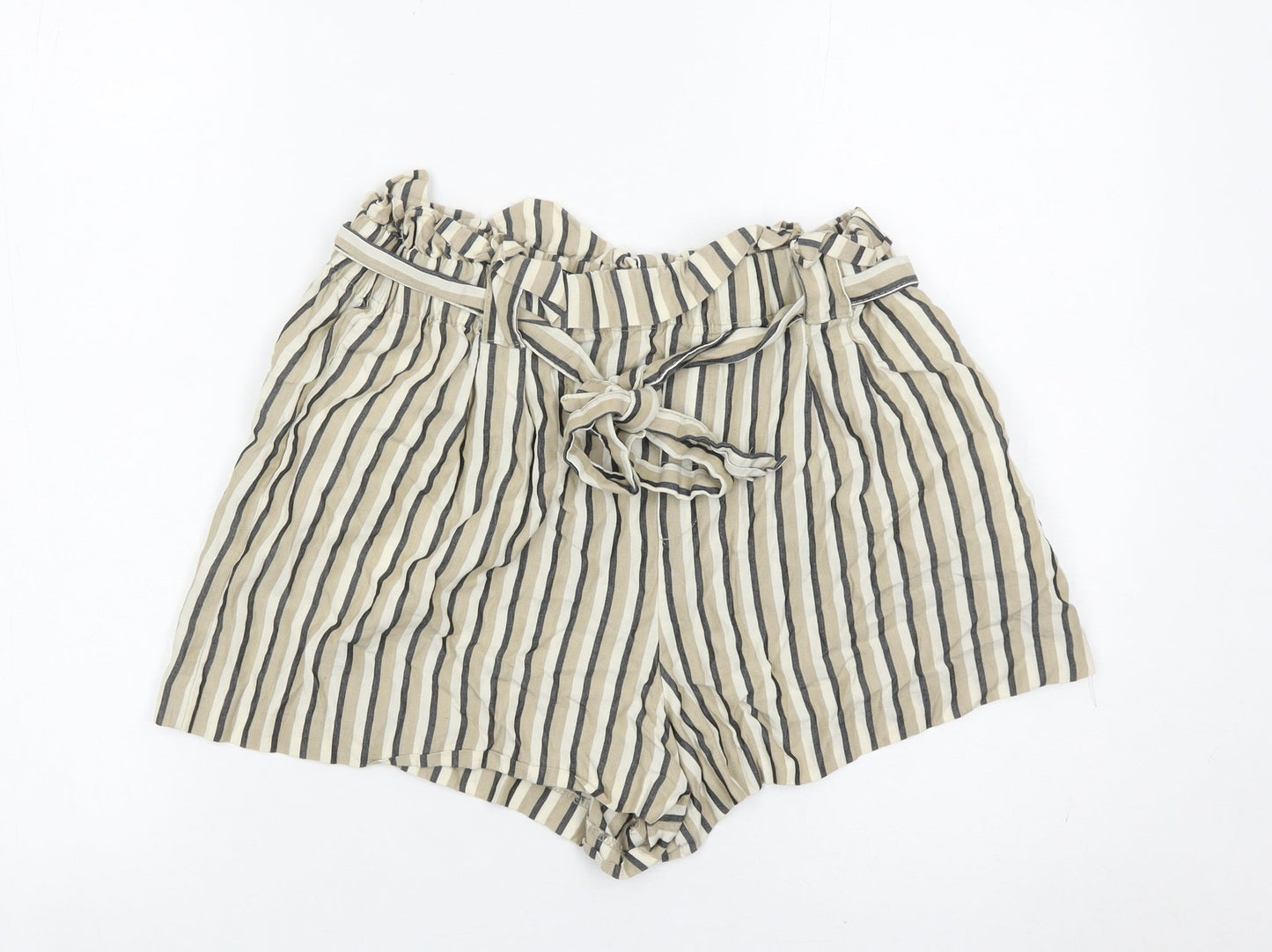 Zara Women Beige Striped Paperbag Shorts Size 14 Cotton High Waist