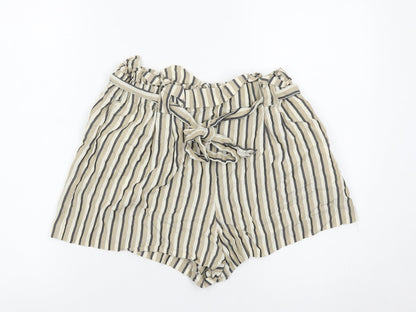Zara Women Beige Striped Paperbag Shorts Size 14 Cotton High Waist