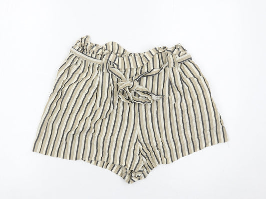 Zara Women Beige Striped Paperbag Shorts Size 14 Cotton High Waist