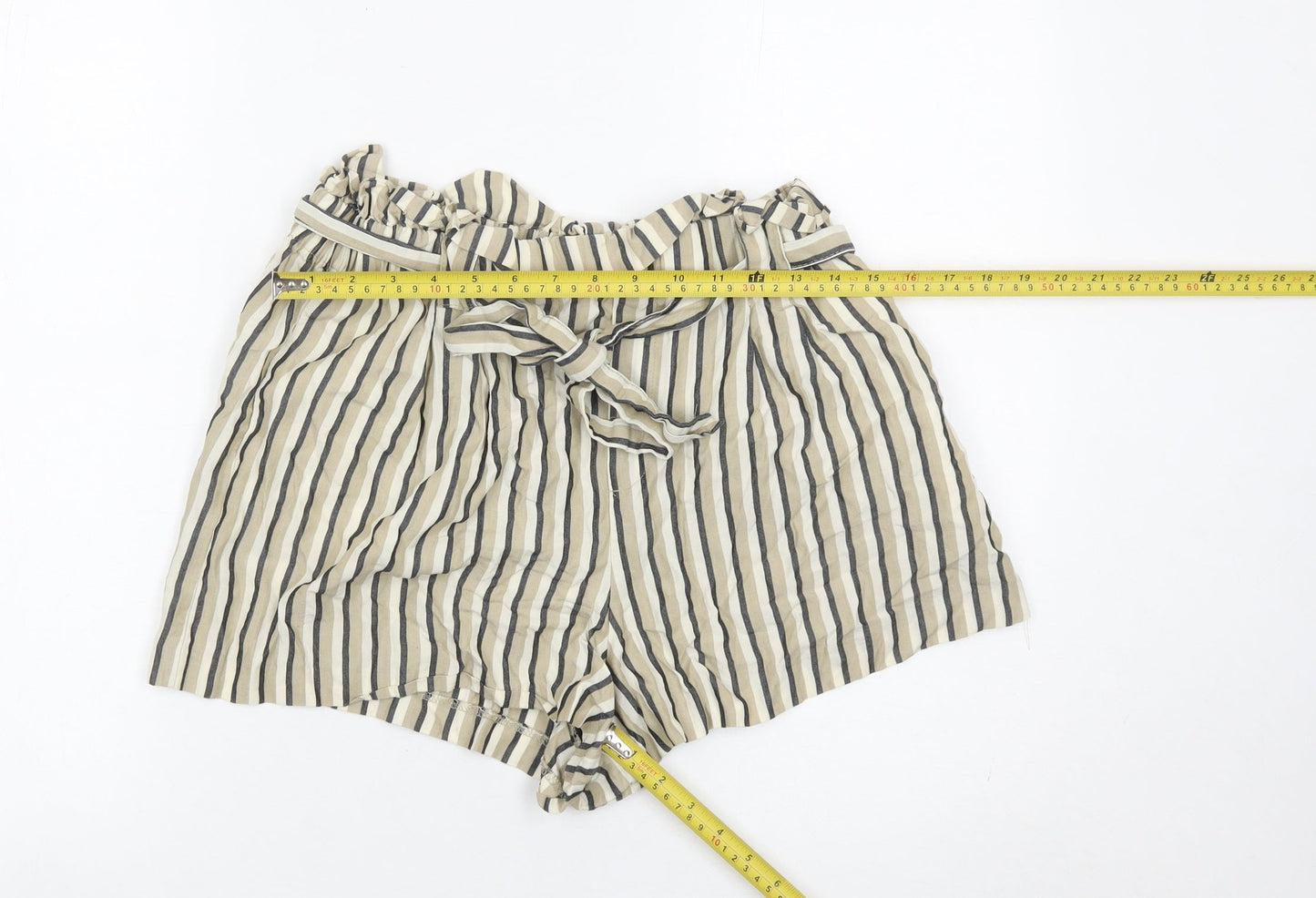 Zara Women Beige Striped Paperbag Shorts Size 14 Cotton High Waist