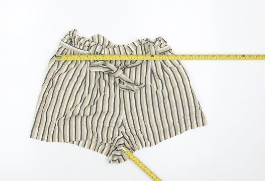 Zara Women Beige Striped Paperbag Shorts Size 14 Cotton High Waist