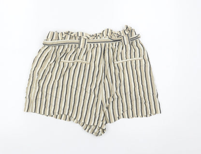 Zara Women Beige Striped Paperbag Shorts Size 14 Cotton High Waist