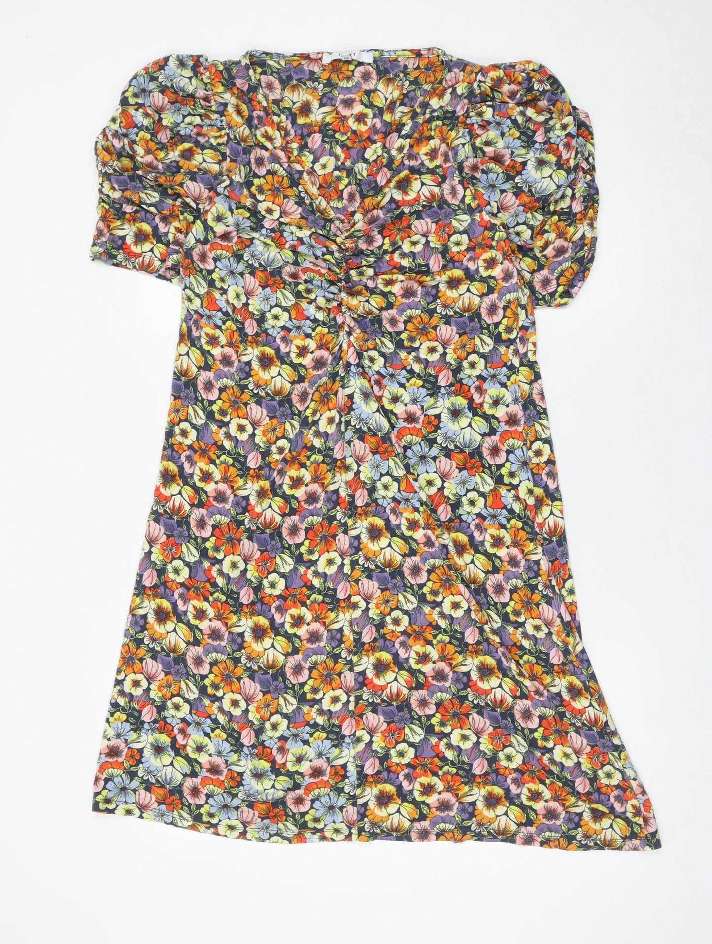 Next Women’s Multicoloured Floral A-Line Puff Sleeve Viscose Dress Size 12