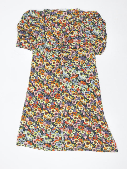 Next Women’s Multicoloured Floral A-Line Puff Sleeve Viscose Dress Size 12
