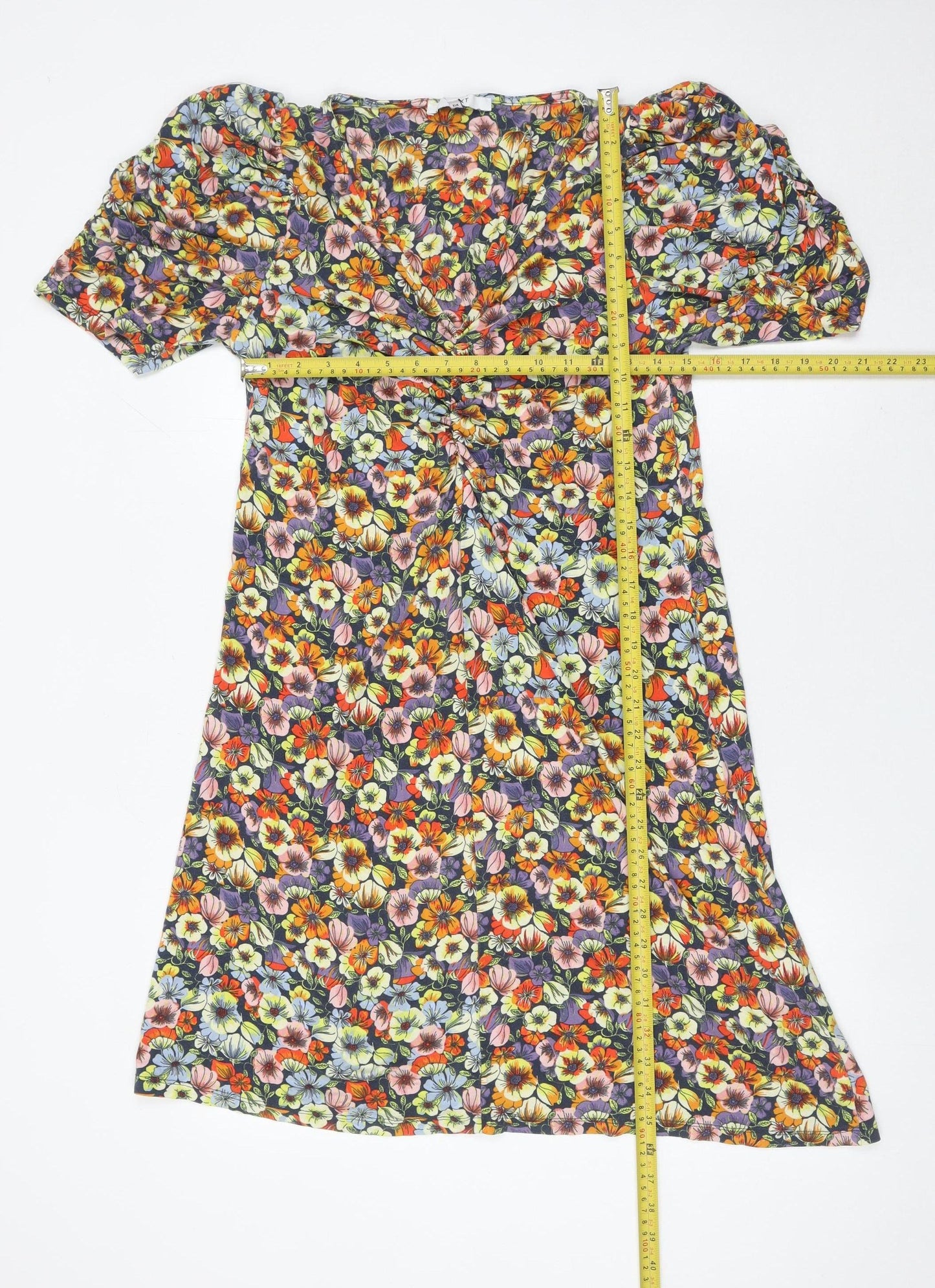 Next Women’s Multicoloured Floral A-Line Puff Sleeve Viscose Dress Size 12
