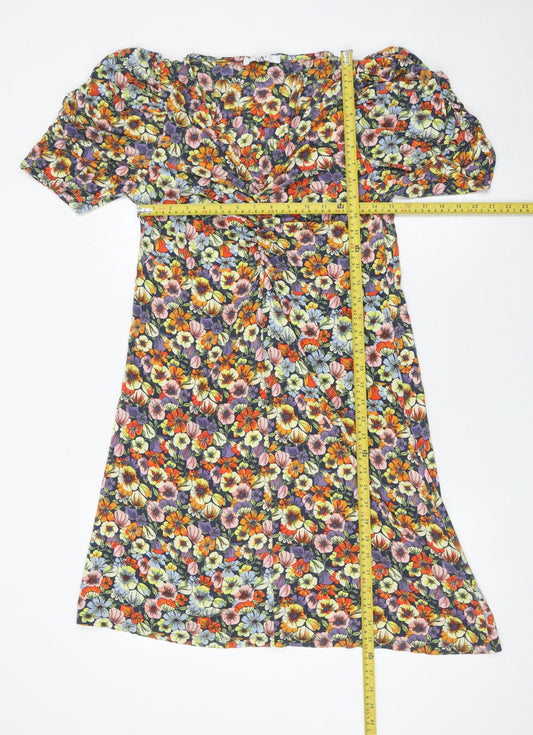 Next Women’s Multicoloured Floral A-Line Puff Sleeve Viscose Dress Size 12