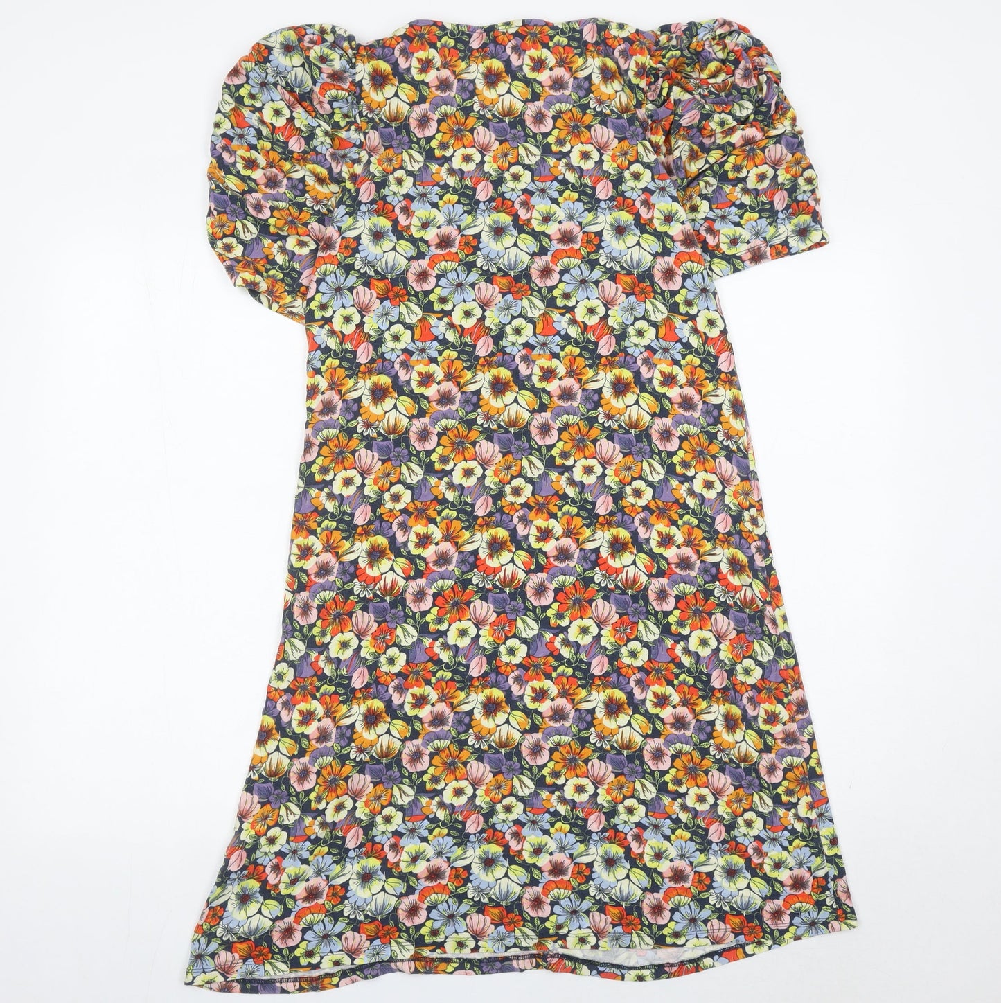Next Women’s Multicoloured Floral A-Line Puff Sleeve Viscose Dress Size 12