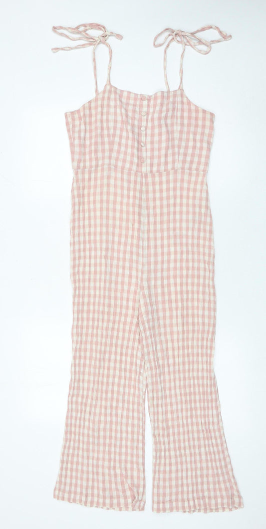 Topshop Women Pink Check Cotton Viscose Jumpsuit Size 10 Wide Leg