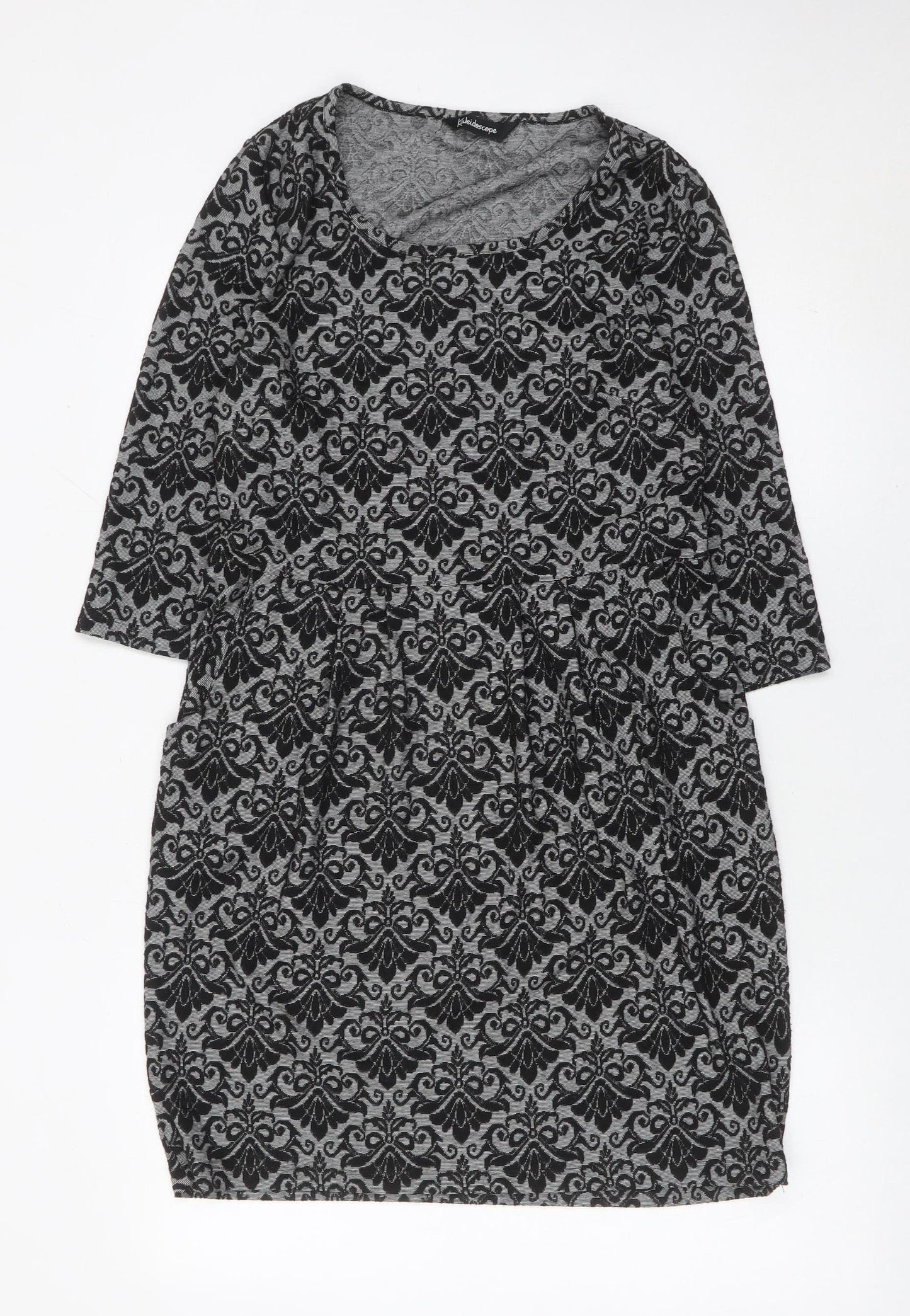 Kaleidoscope Women’s Grey Black Shift Dress UK 12 Scoop Neck 3/4 Sleeve