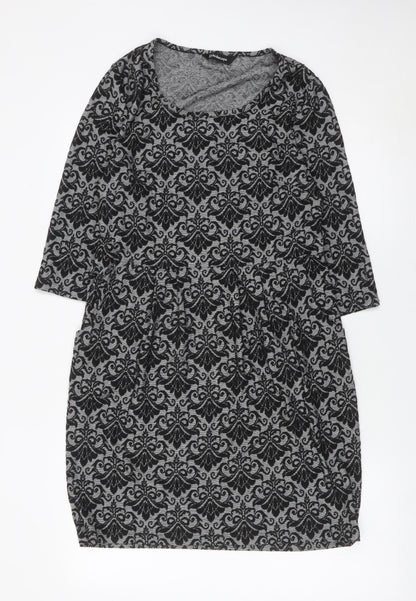 Kaleidoscope Women’s Grey Black Shift Dress UK 12 Scoop Neck 3/4 Sleeve