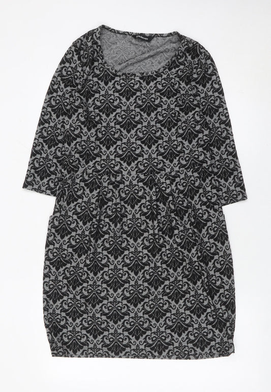 Kaleidoscope Women’s Grey Black Shift Dress UK 12 Scoop Neck 3/4 Sleeve