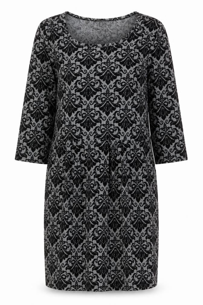 Front view of Kaleidoscope Women’s Grey Black Shift Dress UK 12 Scoop Neck 3/4 Sleeve