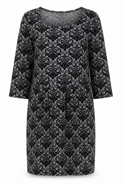 Front view of Kaleidoscope Women’s Grey Black Shift Dress UK 12 Scoop Neck 3/4 Sleeve