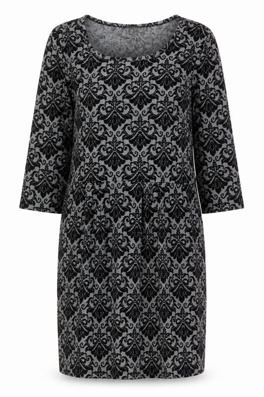 Front view of Kaleidoscope Women’s Grey Black Shift Dress UK 12 Scoop Neck 3/4 Sleeve