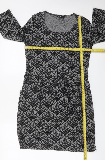 Kaleidoscope Women’s Grey Black Shift Dress UK 12 Scoop Neck 3/4 Sleeve