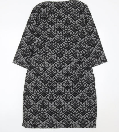 Kaleidoscope Women’s Grey Black Shift Dress UK 12 Scoop Neck 3/4 Sleeve
