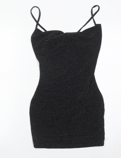 PrettyLittleThing Women’s Black Glitter Bodycon Dress Size 10 Party Clubwear