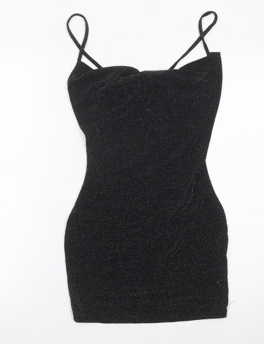 PrettyLittleThing Women’s Black Glitter Bodycon Dress Size 10 Party Clubwear