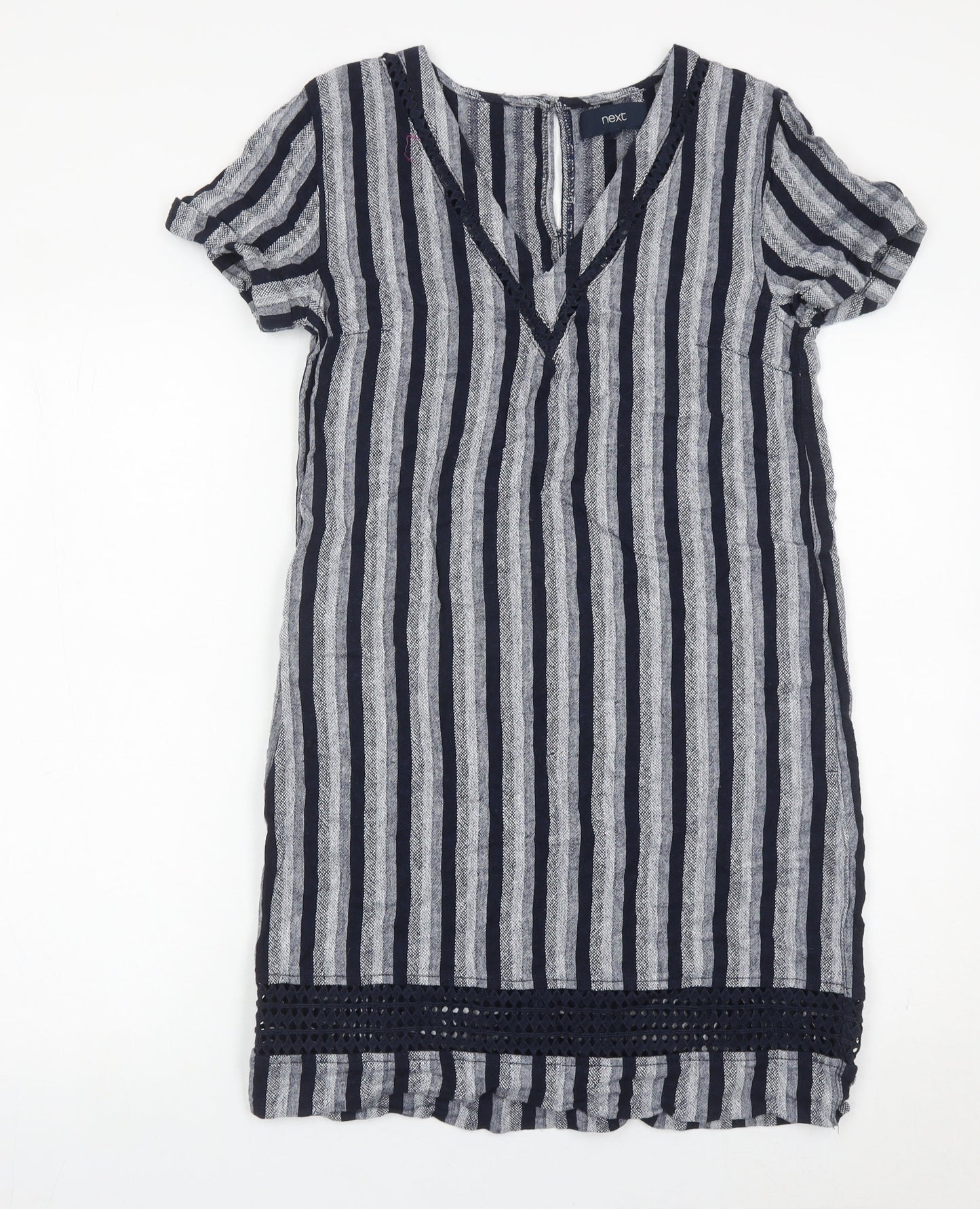 Next Women’s Blue Striped Linen Blend Shift Dress Size 8 V-Neck
