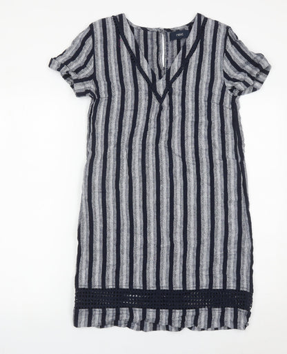 Next Women’s Blue Striped Linen Blend Shift Dress Size 8 V-Neck