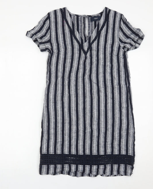 Next Women’s Blue Striped Linen Blend Shift Dress Size 8 V-Neck