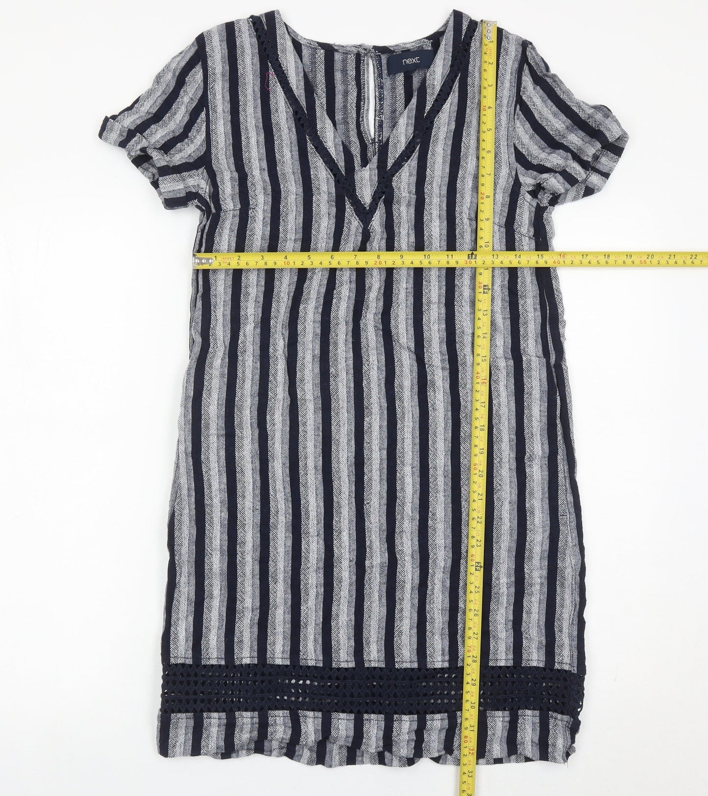 Next Women’s Blue Striped Linen Blend Shift Dress Size 8 V-Neck