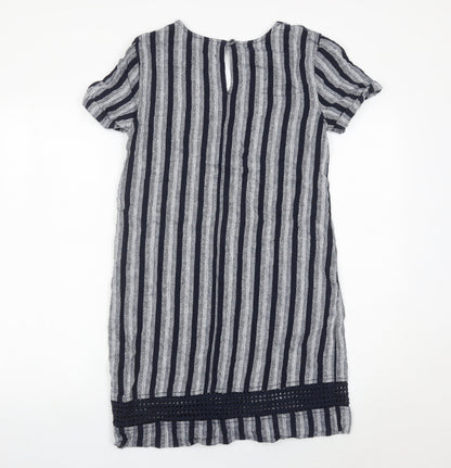 Next Women’s Blue Striped Linen Blend Shift Dress Size 8 V-Neck