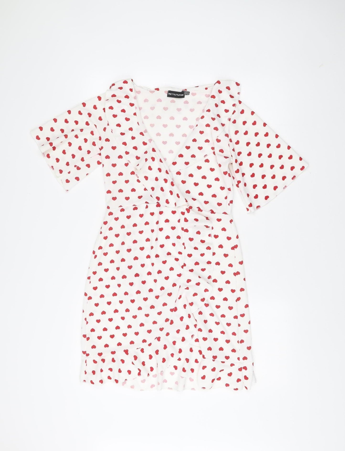 PrettyLittleThing Women White Red Heart Print Wrap Dress Size 10