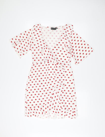 PrettyLittleThing Women White Red Heart Print Wrap Dress Size 10