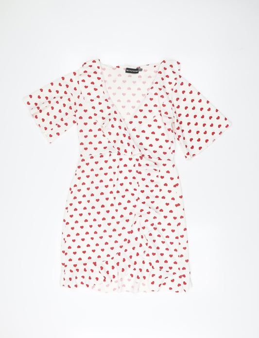 PrettyLittleThing Women White Red Heart Print Wrap Dress Size 10