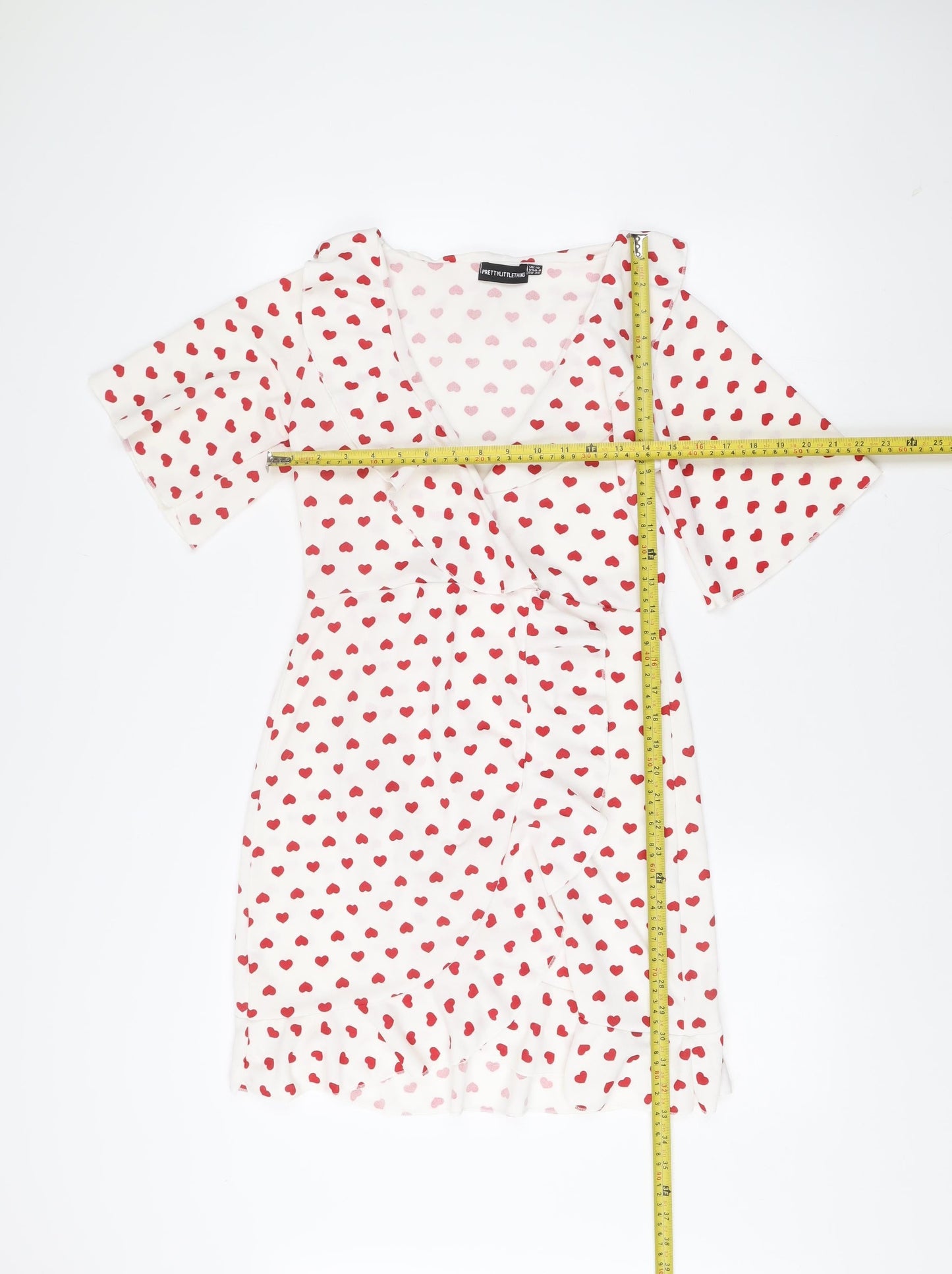 PrettyLittleThing Women White Red Heart Print Wrap Dress Size 10
