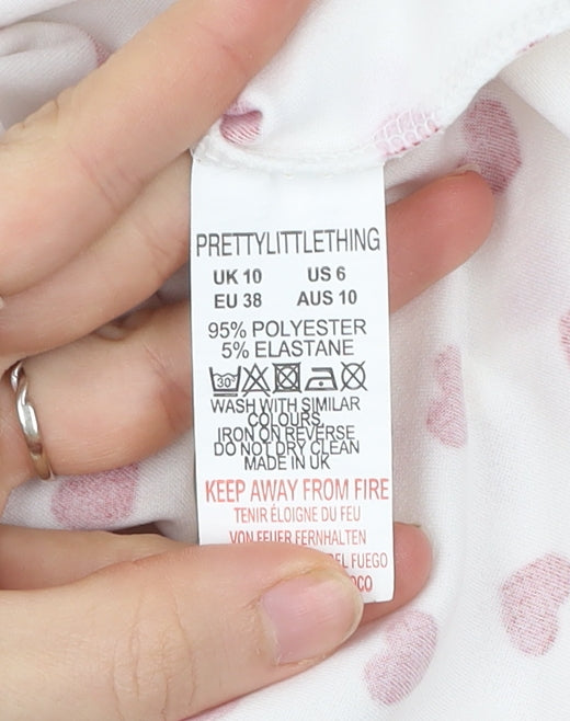 PrettyLittleThing Women White Red Heart Print Wrap Dress Size 10