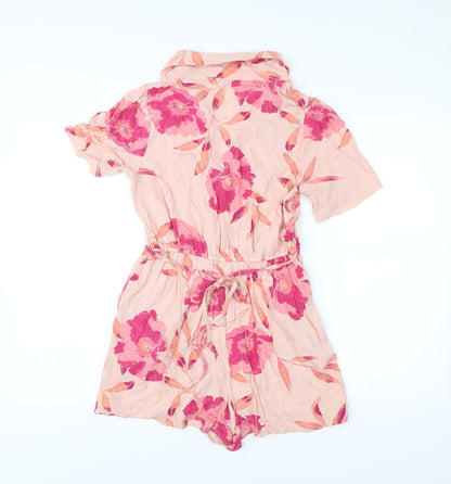 River Island Women’s Pink Floral Playsuit Size 8 Collared Short Sleeve