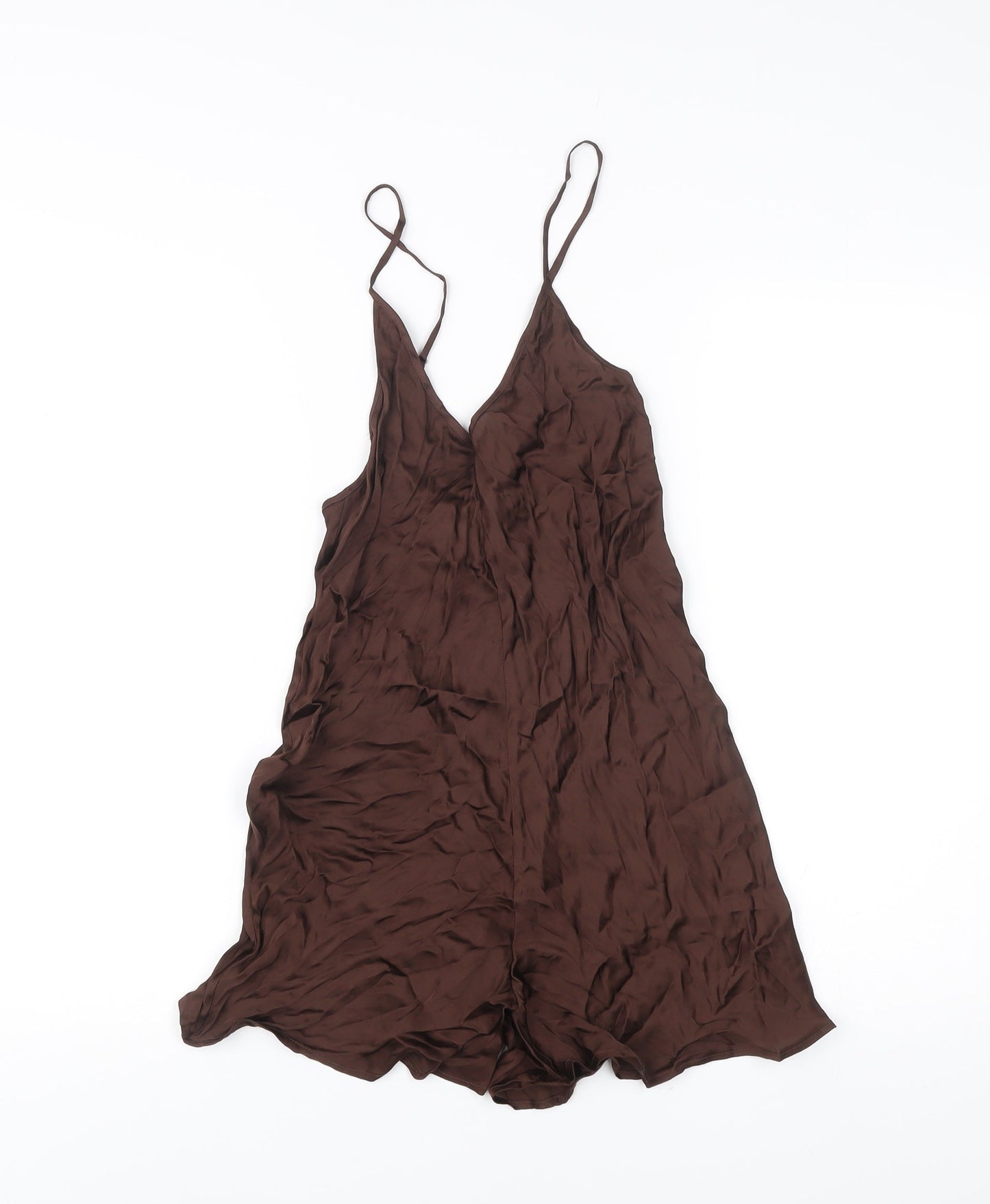 Zara Women Brown Viscose Playsuit S Strappy V-Neck Button Summer