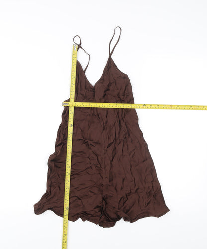 Zara Women Brown Viscose Playsuit S Strappy V-Neck Button Summer