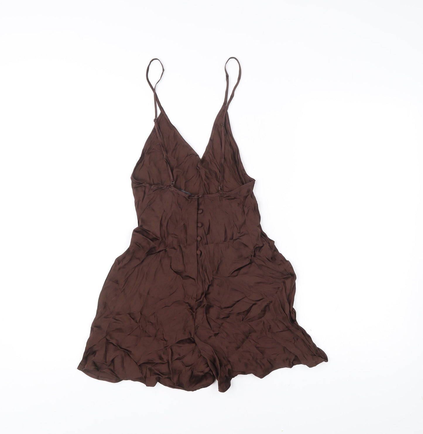 Zara Women Brown Viscose Playsuit S Strappy V-Neck Button Summer