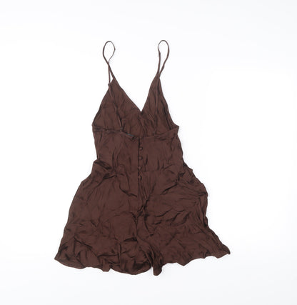 Zara Women Brown Viscose Playsuit S Strappy V-Neck Button Summer