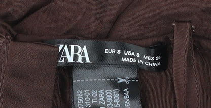 Zara Women Brown Viscose Playsuit S Strappy V-Neck Button Summer